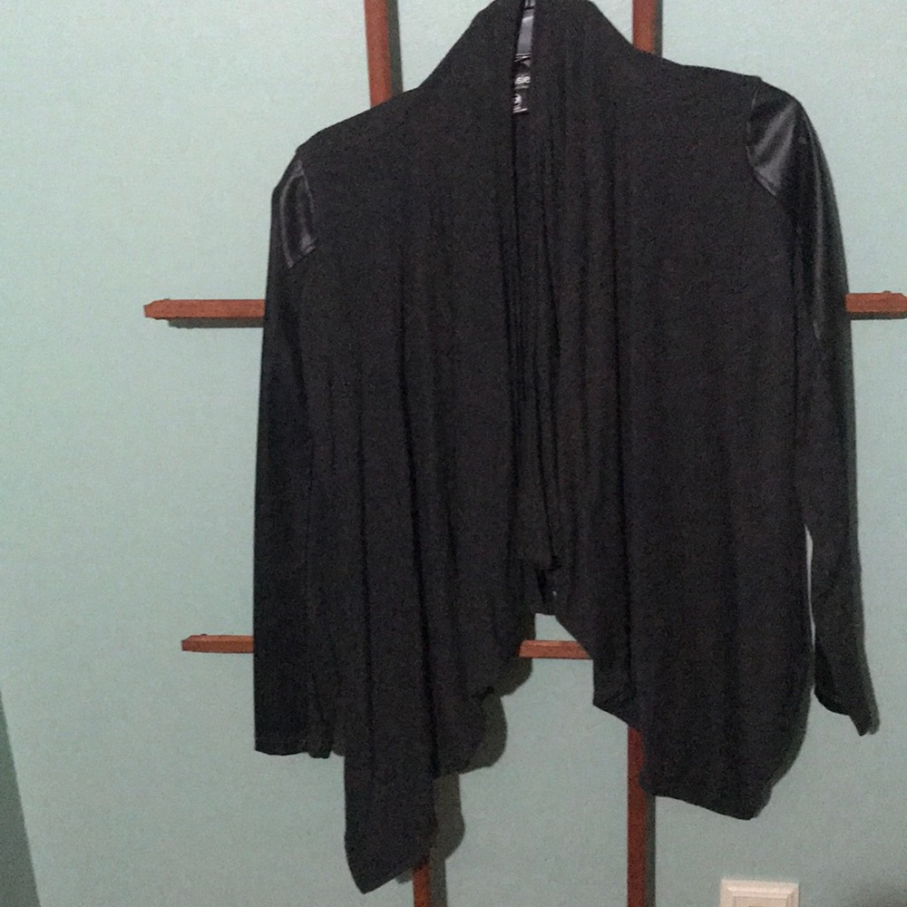 Black sweater with leather accent on sleeves